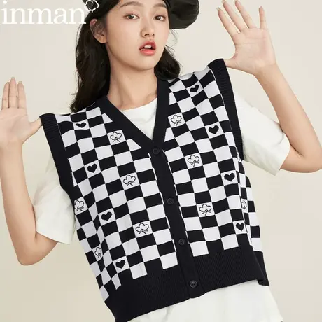 茵曼针织小坎肩开衫棋盘格背心马甲上衣秋季女装2022新款高端大气图片