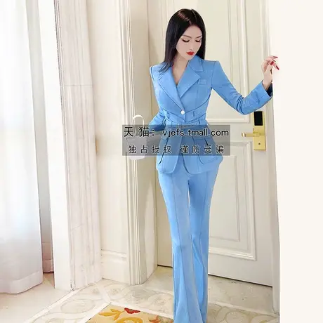 VJE秋季麂皮绒职业套装新品帅气西装外套高腰微喇叭裤两件套商品大图