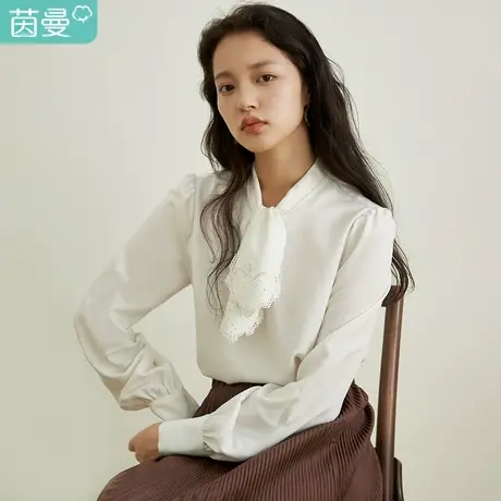 茵曼特价清仓2023冬季女绣花绑带通勤宽松简约显瘦气质长袖衬衣商品大图
