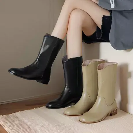 真皮中筒女靴秋冬季新款短靴头层牛皮靴子圆头低粗跟马丁靴直筒靴商品大图