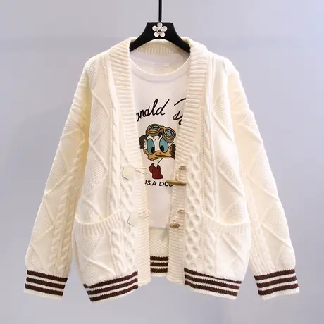 2023秋冬新款麻花毛衣外套女日系宽松慵懒风外穿牛角扣针织开衫图片