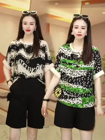 夏季清凉短袖雪纺衫时尚印花上衣2023新款宽松显瘦遮肚圆领T恤女商品大图