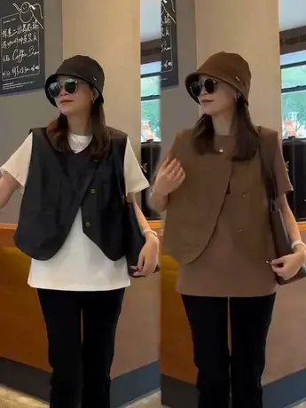 欧洲站马夹外套女装2023早秋新款复古不规则单排扣无袖坎肩马甲潮商品大图