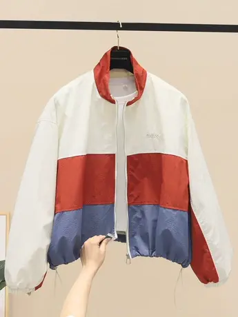 2023春夏新款设计感撞色短外套女韩版抽绳拼接宽松蝙蝠袖防晒衣潮图片