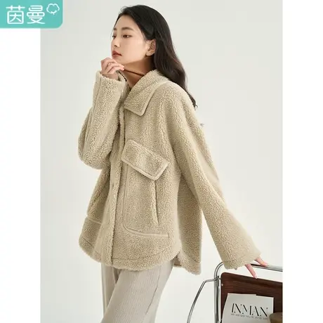 茵曼2023冬女装新款休闲拼接翻领双侧插袋宽松文艺百搭长袖外套图片