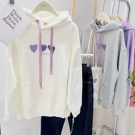 2022秋季新款韩系甜美ins爱心连帽上衣简约慵懒设计感卫衣宽松女商品大图