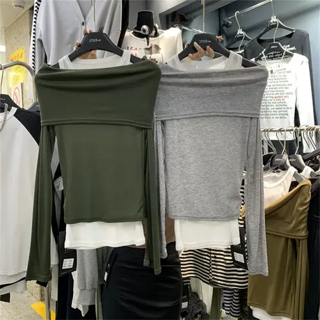 一字肩半包领长袖背心两件套女2023秋季上新韩版修身气质休闲T恤商品大图