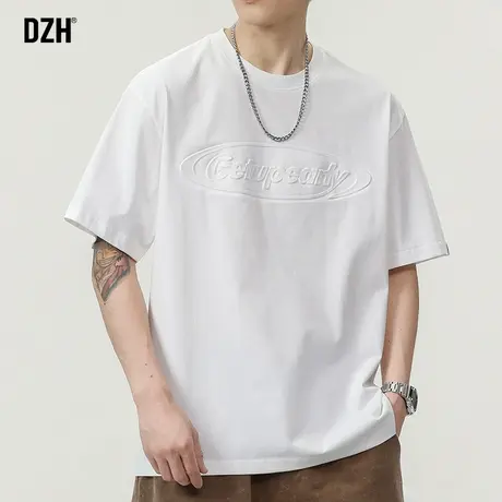 男士钢印压花字母t恤男潮牌夏季宽松白色短袖上衣美式圆领体恤衫商品大图