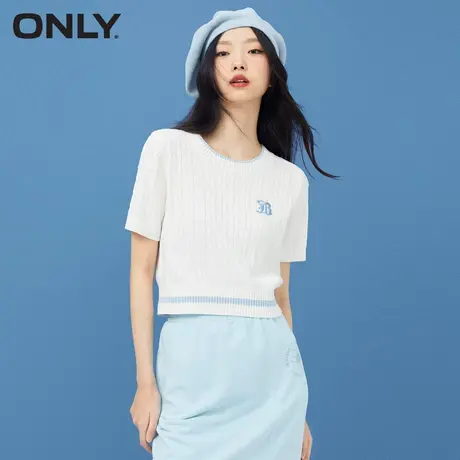 ONLY 时尚条纹下摆刺绣短袖圆领针织衫女|122324044商品大图