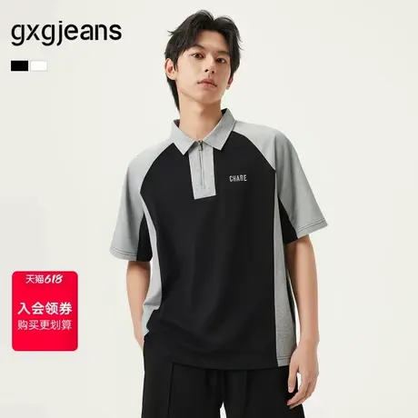 gxg.jeans男装  撞色拼接时尚宽松半拉链翻领短袖POLO衫25夏新品图片