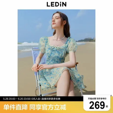 乐町流光公主裙花边领泡泡袖网纱裙年夏季新款复古蓝碎花蓬蓬裙商品大图