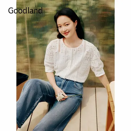 Goodland美地夏季法式亲肤棉艺术剪影衬衫蕾丝肌理上衣图片