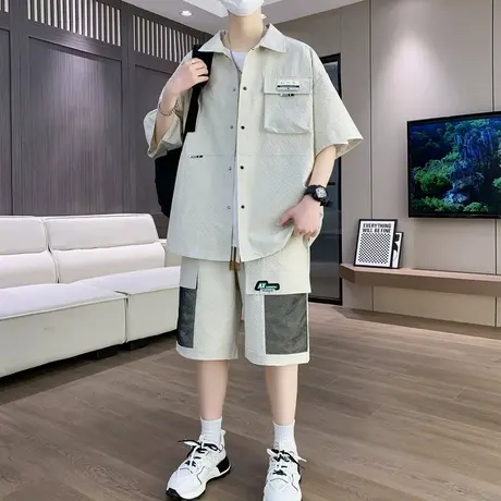 夏季休闲衬衫套装男青少年潮牌短袖短裤初中高中学生夏天痞帅男装商品大图