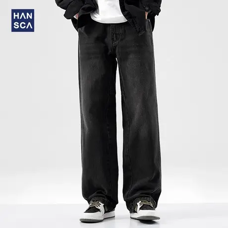 hansca美式直筒牛仔裤男秋季新款复古黑色水洗做旧街头潮牌长裤子图片