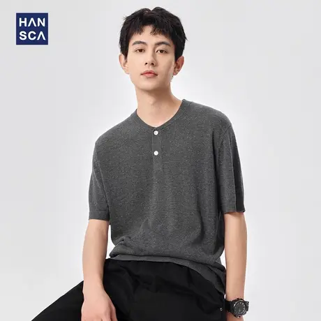 hansca 天丝亚麻莱赛尔男士t恤2025年夏季亨利领纯色凉感针织上衣商品大图