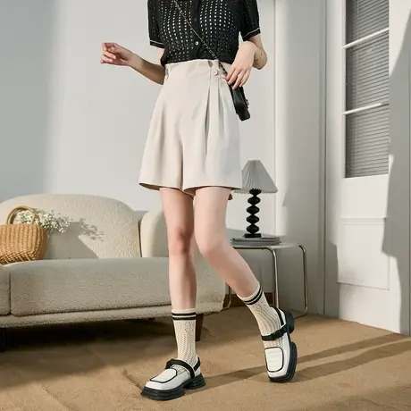 唐狮休闲短裤女高腰显瘦a字裤阔腿中裤五分裤薄款百搭西装短裤子图片