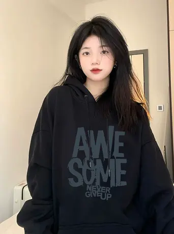 美式复古卫衣女2022秋冬新款街头hiphop黑色帽衫外套ins国潮上衣商品大图