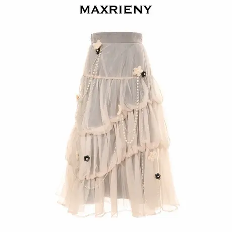 【奥莱】MAXRIENY公主裙女夏季高腰半身裙中长款抽褶塔裙网纱图片
