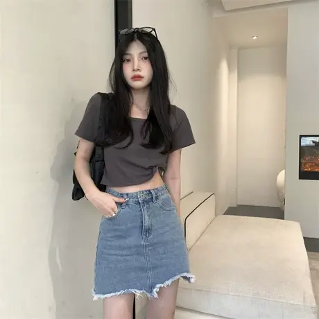 ins超火设计感方领短袖T恤女夏韩版潮小众短款高腰露脐辣妹上衣服图片