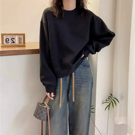 宽松圆领套头黑色卫衣女2025早秋款oversize设计感秋装上衣纯色潮商品大图