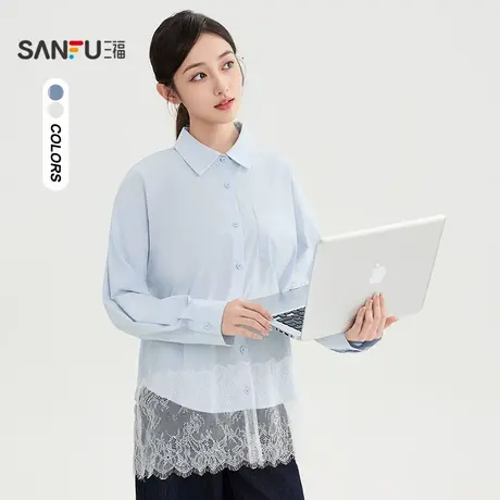三福长衬衫2025秋季口袋英文刺绣蕾丝下摆宽松上衣女装507341商品大图
