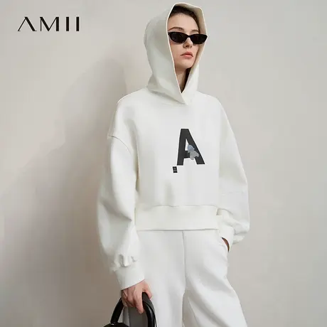 Amii2025秋新款休闲弹力连帽宽松套头字母刺绣短款落肩袖卫衣商品大图