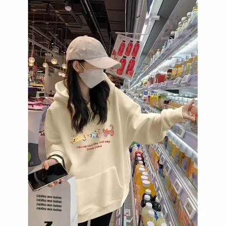 杏色连帽卫衣女款2025新款秋季卡通猫咪减龄上衣外套长袖加绒帽衫商品大图