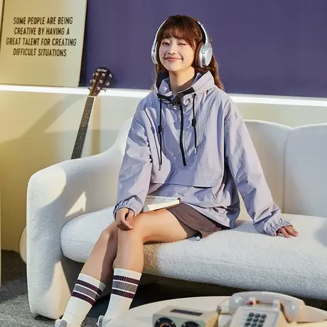 【升级防水】唐狮2024秋新款户外连帽卫衣女半开胸冲锋少年外套商品大图