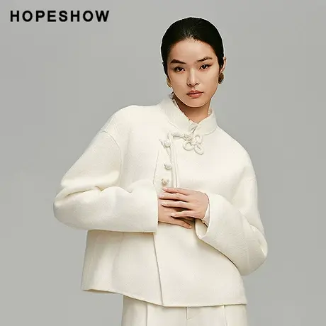 红袖冬季2024新款女装 新中式盘扣落肩立领双面呢大衣89324370807商品大图