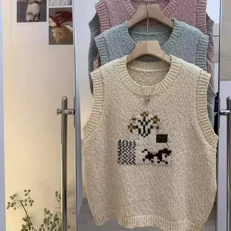 学院风卡通针织背心马甲女秋季新款宽松圆领叠穿无袖毛衣坎肩外穿商品大图