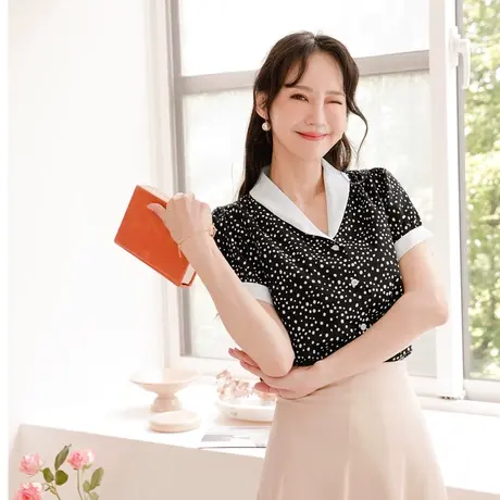 桔熊夏季韩版通勤凉爽波点印花雪纺衬衫泡泡袖上衣女大码AB17137商品大图