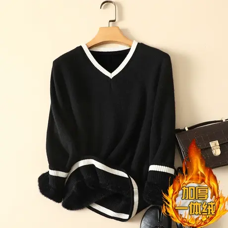 一体绒V领毛衣女2022秋冬新款加绒加厚宽松内搭洋气针织打底衫女商品大图