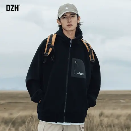 男生黑色摇粒绒开衫卫衣外套男春秋潮高级感痞帅男款夹克加绒上衣商品大图