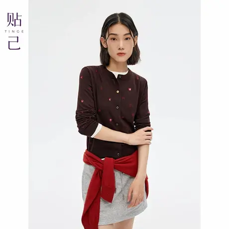 TINGE贴己精纺100%纯羊毛刺通勤针织开衫女秋冬内搭保暖修身上衣商品大图