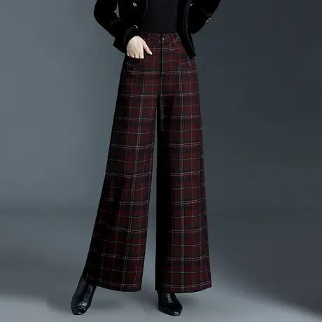 红格子毛呢阔腿裤女2025秋冬新款高腰宽松长裤垂感复古百搭休闲裤商品大图