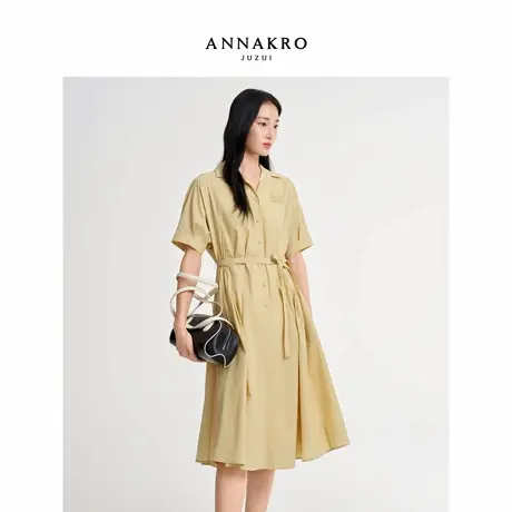 【舒适通勤】玖姿安娜蔻极简干练翻领收腰连衣裙女2026春季新款图片