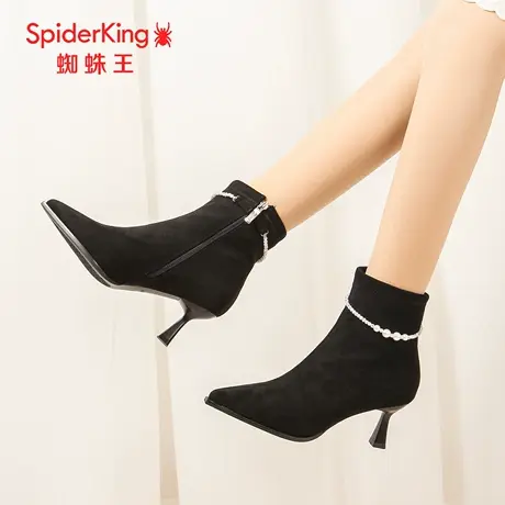 SPIDER KING/蜘蛛王正品女时装靴2025冬新款薄绒尖头高跟气质短靴商品大图