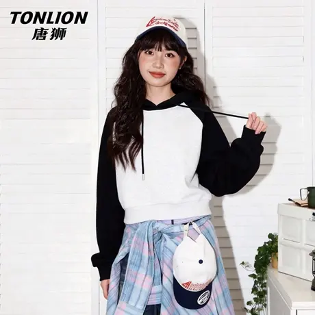 唐狮官方短款卫衣女2026新款春季宽松撞色帽衫美式套头外套上衣VC图片