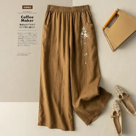 亚麻长裤文艺复古棉麻阔腿裤女宽松垂感刺绣小众设计2022春夏新款商品大图