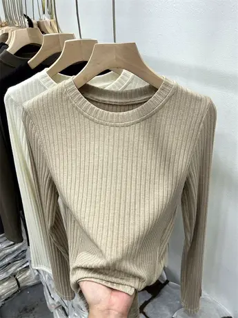 圆领纯色软糯坑条针织衫女长袖2023秋冬装新款慵懒风弹力打底上衣商品大图