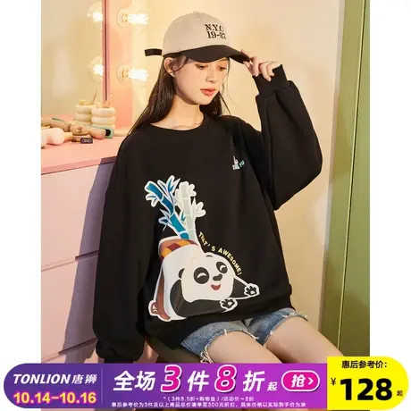 【功夫熊猫联名】唐狮2023冬季新款女卫衣圆领加绒卡通上衣慵懒风图片