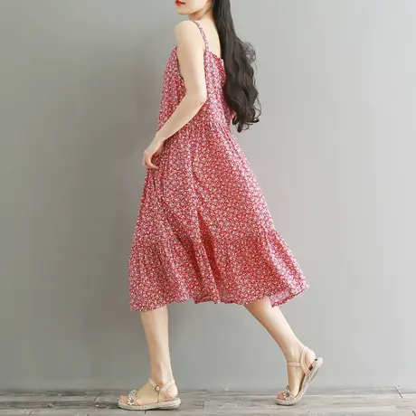 加大码复古宽松高腰碎花鱼尾吊带连衣裙 胖妹妹夏装吊带裙200斤女商品大图