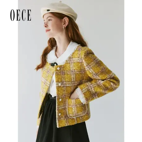 【双11新品】Oece复古格纹毛呢外套2023冬季新款设计感呢子短外套商品大图