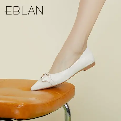 伊伴春季女鞋尖头真皮舒适单鞋女简约扣饰百搭低跟平底鞋浅口通勤商品大图