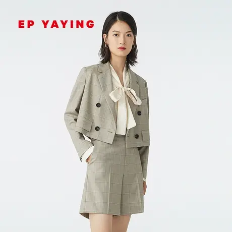 EP YAYING雅莹女装 绵羊毛格纹截短款西装外套 商场同款新款1155A图片