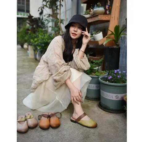 Artmu阿木原创复古包头半拖鞋女外穿真皮平底皮凉拖2023新款软底商品大图