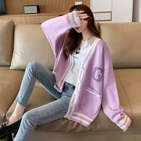 唐狮学院风V领针织开衫毛衣女春秋外套减龄洋气小衫绣花开衫毛衣图片