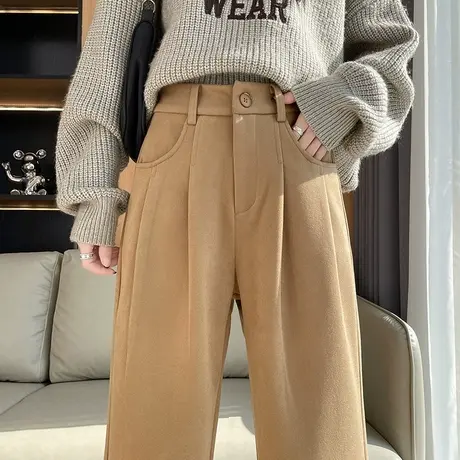 毛呢阔腿裤女冬季新款抓绒高腰垂感宽松显瘦拖地窄版直筒休闲裤子图片