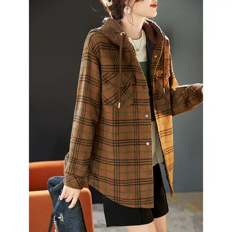 宝诗黎连帽格子拼接保暖夹棉外套2023冬季新款中长单排扣休闲女装商品大图
