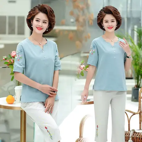 中老年套装女新款夏装妈妈夏天短袖上衣洋气薄款小衫中年人两件套商品大图